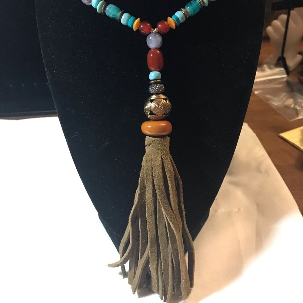 Large Suede Tassel With An Array Of Colored Beads… - image 1